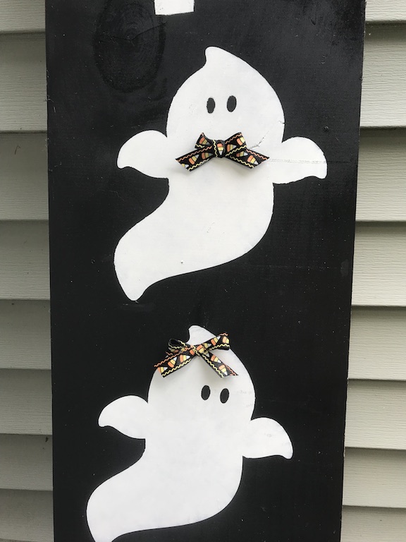 Cute Halloween Ghost on Spooky Halloween Porch Sign 