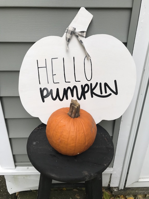Wooden Pumpkin on Front Porch 