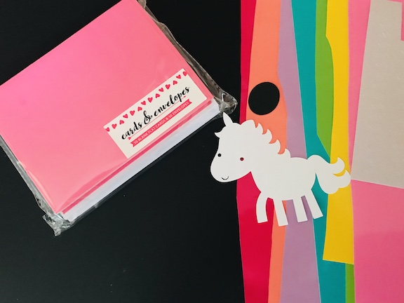 Supplies for homemade magical unicorn Valentines Cards for Kids