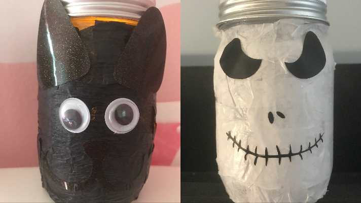 Kids Halloween craft with mason jar, tissue paper, mod podge