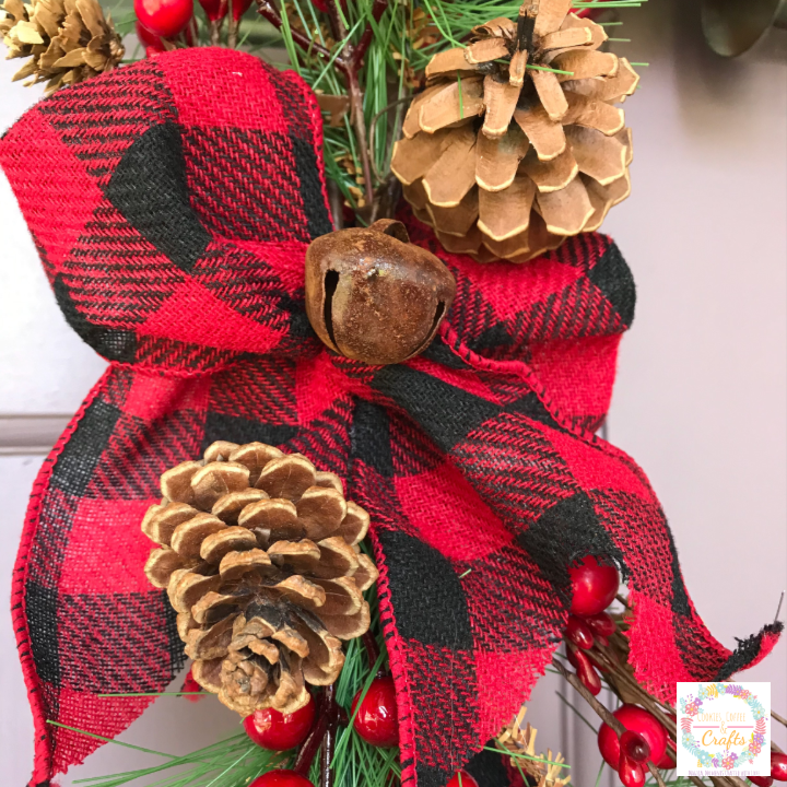 Jingle Bell on Buffalo plaid bow on rustic Christmas Ribbon Wreath 