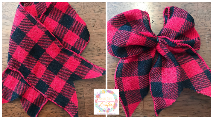 Making a bow for the wreath with buffalo plaid ribbon for Christmas ribbon wreath 