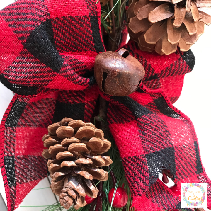 Rustic Jingle Bell on Buffalo Check Bow for easy and simple Christmas Wreath 