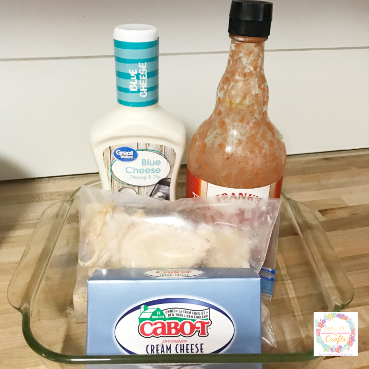 Ingredients for easy buffalo chicken dip with blue cheese and franks hot sauce 