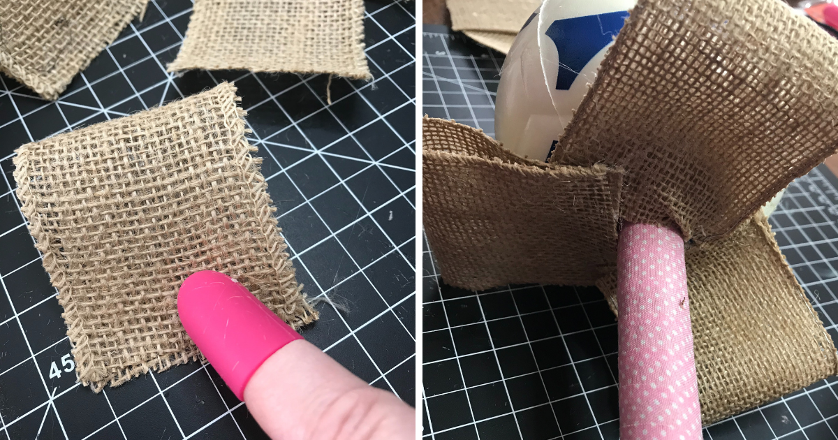 Start hot glueing the burlap ribbon to the soccer ball
