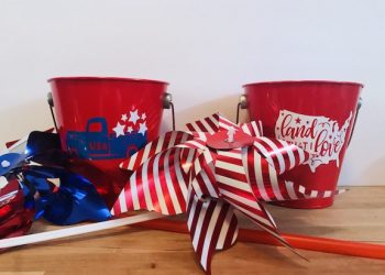 Celebrate the 4th of July with these fun 4th of July Party decorations. These buckets are perfect for a party, the table, house, or as cheap centerpieces. Decorate them with your Cricut and celebrate America with red, white, and blue. Great for any patriotic holiday. #CricutMade #4thofJuly ##4thofJulydecoration #Party #Centerpieces #DIY
