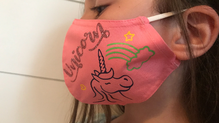 Child's face mask with unicorn design with Cricut mini Easypress and Cricut Joy 