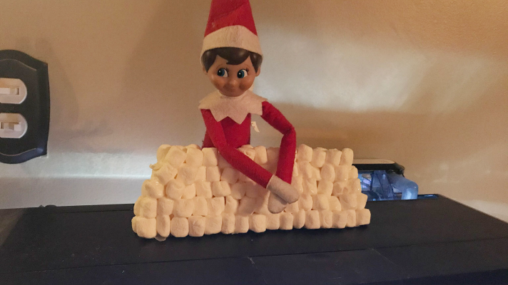 Elf on the Shelf fort with marshmallows and Mod Podge